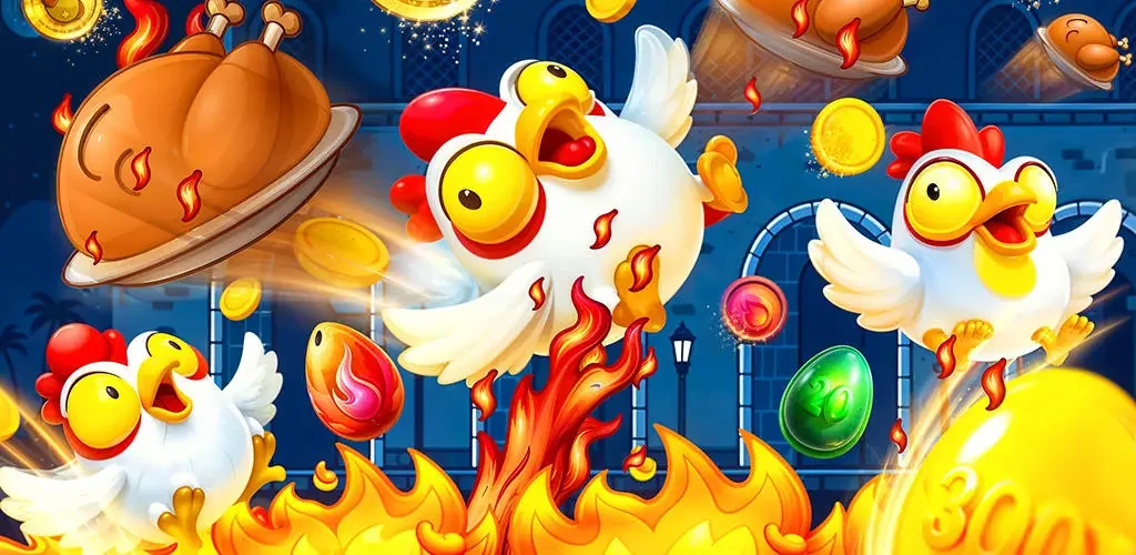 Chicken Road con pollos, fuego y monedas doradas